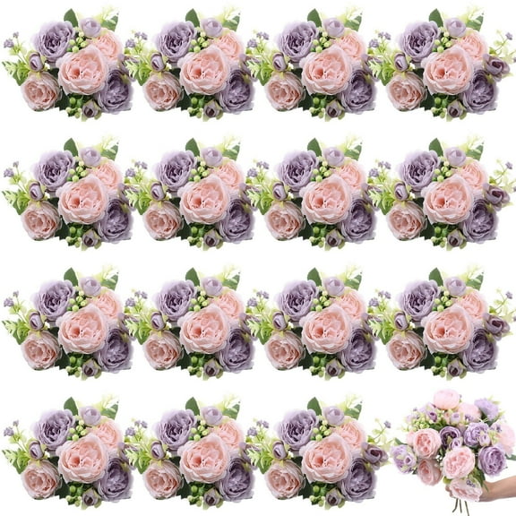 16 Bundles Artificial Peonies Silk Peonies Faux Flower Bouquet Fake Peony Flower Arrangements Table Centerpieces for Vase Wedding Party Boho Home Office Decoration Bulk (Pink, Purple)