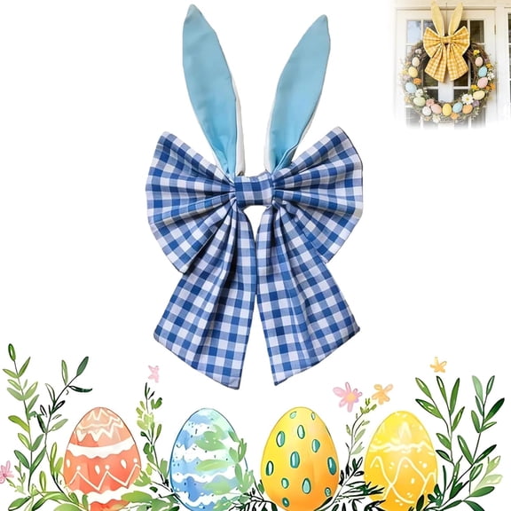 16" Bunny Ears Wreath Bow, Easter Bunny Ears Bows for Wreaths, Wreaths Spring Holiday, Fabric Decorative Bows for Topper Front Door Wall (Blue)