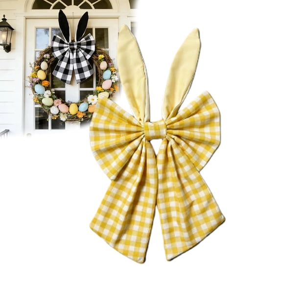 16" Bunny Ears Wreath Bow, Rustic Buffalo Plaid Easter Bow, Easter Bunny Ears Bows for Wreaths, with Bunnies Ear Holiday Fabric Decorative Bows, for Tree Topper Front Door (Yellow)