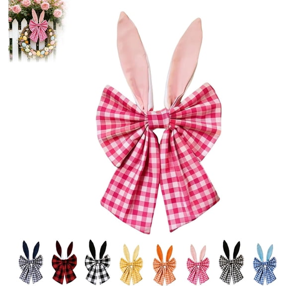 16" Bunny Ears Wreath Bow, Rustic Buffalo Plaid Easter Bows with Lightweight and Portable, Easter Bunny Ears Wreath Bow for Front Door, Home Party