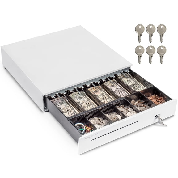 Volcora 16" Cash Register Drawer for Point of Sale (POS) System with 5 Bill 6 Coin Cash Tray, Removable Coin Compartment, 12-24V, RJ11/RJ12 Key-Lock, White - for Stores, Shops and Businesses