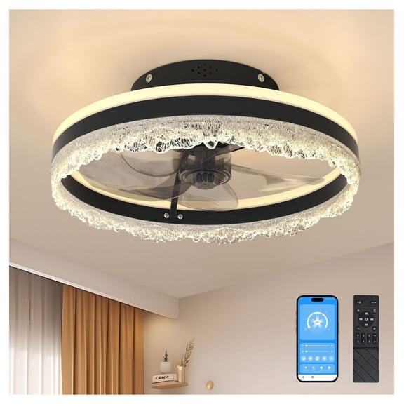 16" Ceiling Fan with Light LED Crystal Flush Mount Quiet Hidden Blade Fan for Bedroom, Kids Room, Study; Dimmable, Remote Control, 45W