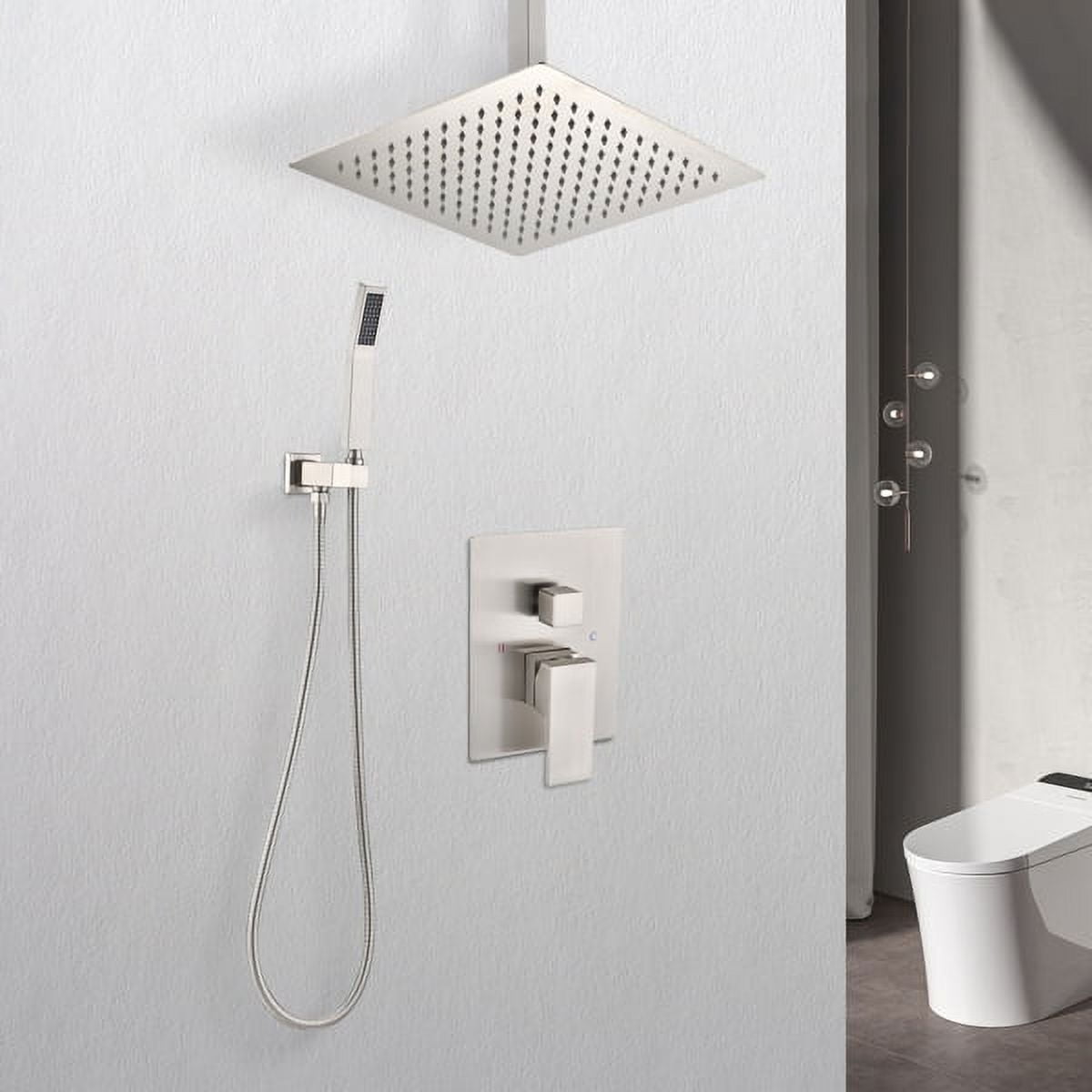 16" Ceiling-Mounted Shower System – Brushed Nickel Stainless Steel Rainfall Shower Head & Handheld Sprayer, Brass Combo with Air-In Tech for Low Pressure