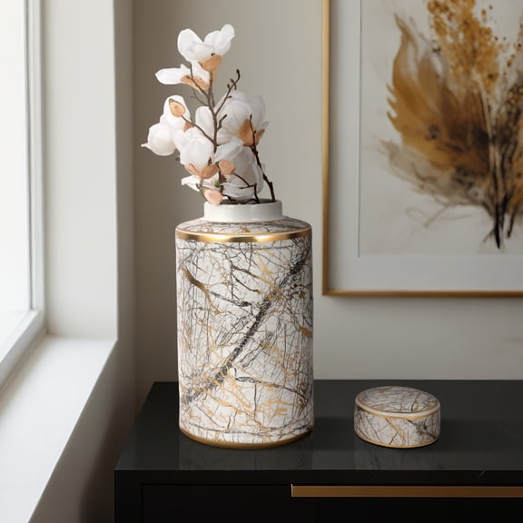 Ceramic Jar with Lid for Living Room Decor  Decorative Jar Accent for Home, Bedroom Vanity, Bathroom Counter, and Shelf Styling - Table Display for Office and Study - 16", White & Gold
