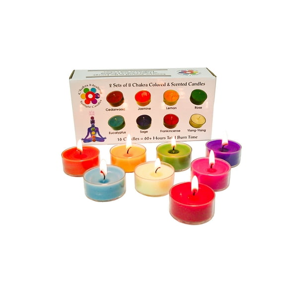 Chakra Scented and Colored Tealight Candles (16 Pc) with 8 Fragrances and Colors for Healing Chakras, Meditation
