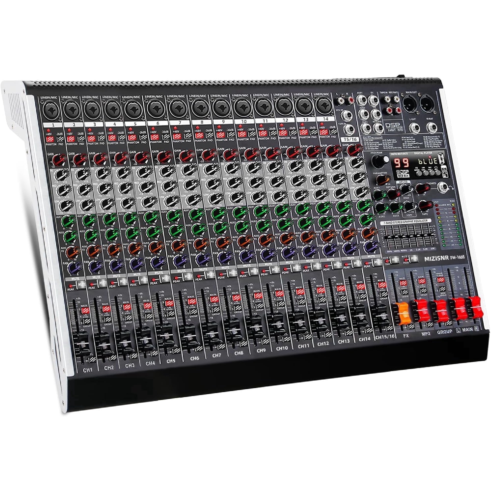 16 Channel Audio Mixer Professional Sound Mixing Board with 99 DSP Effects, 7-band EQ Digital DJ Mixer Console w/USB Bluetooth MP3 for Recording, Independent 48V Power & Mute Button