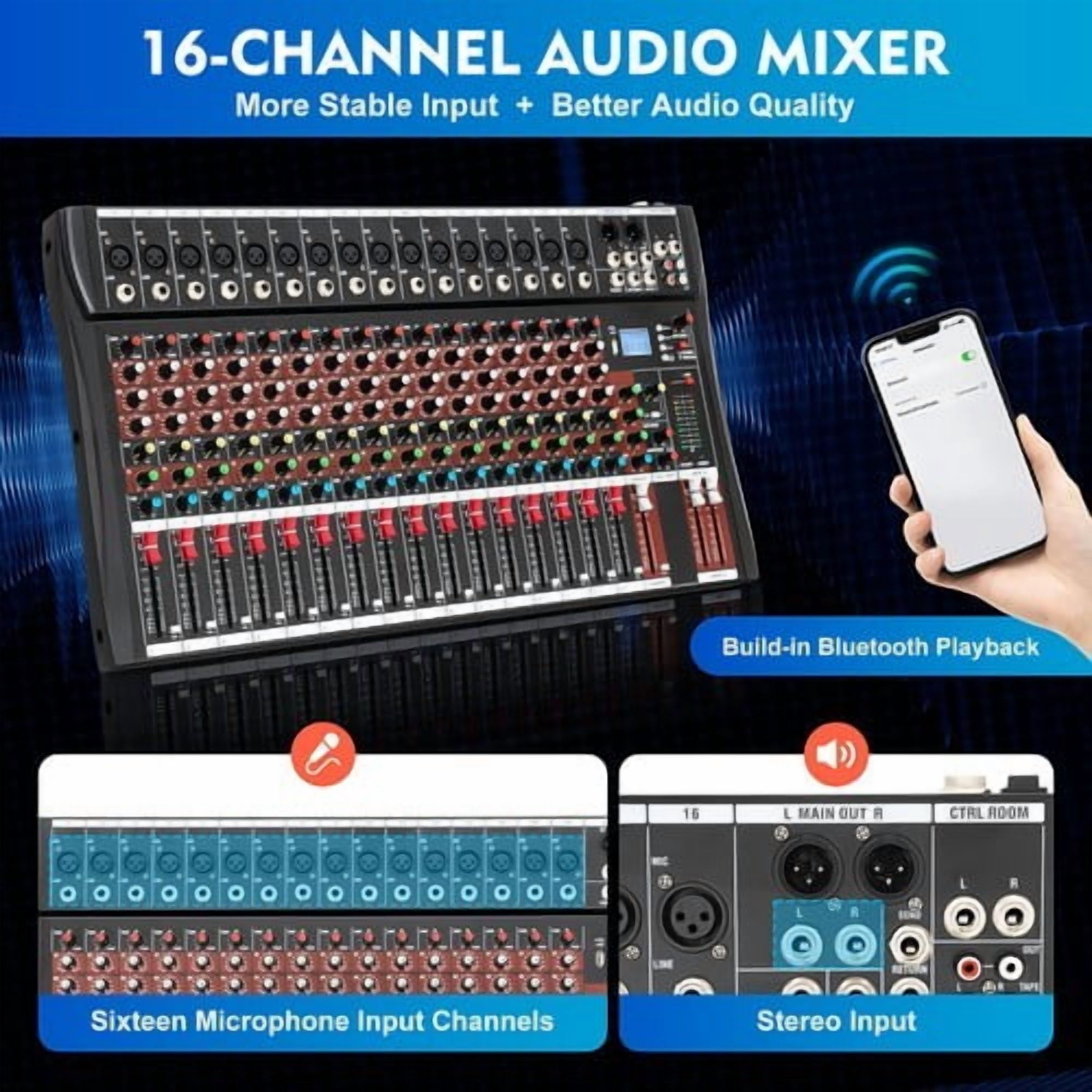 16 Channel Audio Mixer Professional Sound Mixing Board with 6 Music Styles, 3-band EQ Digital DJ Mixer Console w/Independent 48V Power