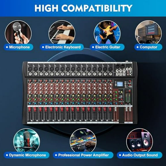 16 Channel DJ Audio Mixer with Bluetooth USB, 4000W Studio Audio Sound Mixer Console, Professional Power Mixer Ultra Low Noise, Digital Effect Processor