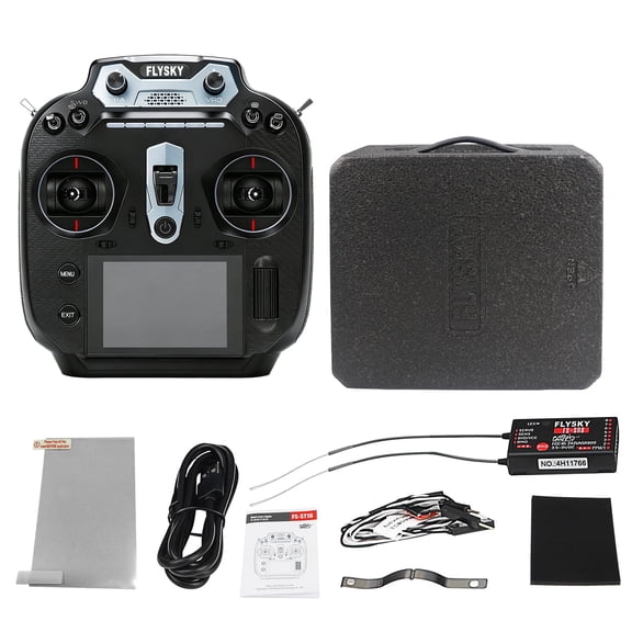 16-Channel FS-ST16 Remote Control + FS-SR8 8-Channel Receiver, Mode 2 (Left Hand Throttle Mode), Right Hand Joystick with Centering Function (Remote Control Shipped Without Batteries), Black