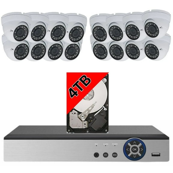 16 Channel HD H.265 DVR Security System with 4TB HDD and 16x 1080p HD Outdoor Indoor Weatherproof CCTV Cameras Smartphone Remote Monitoring