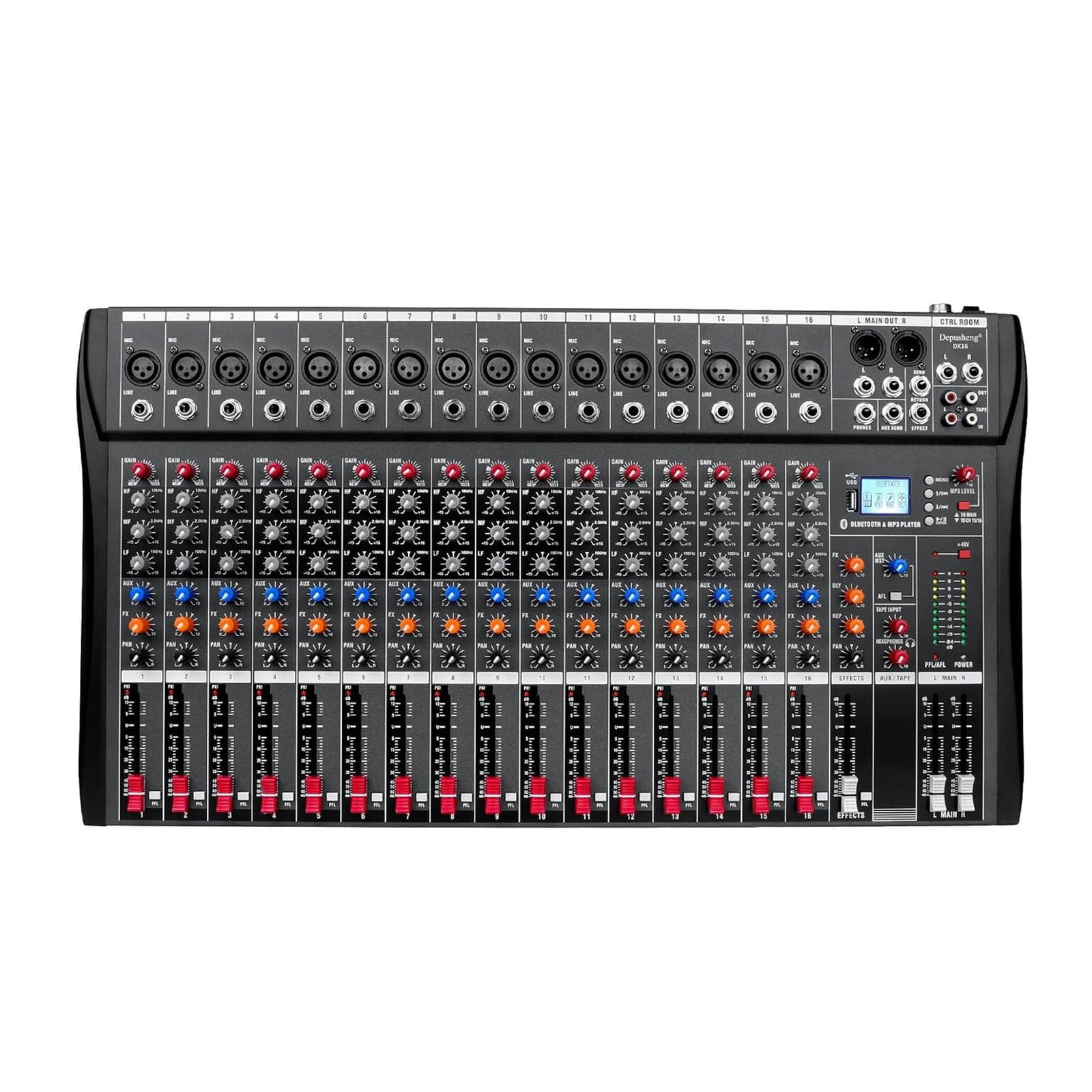 Audio Mixer, Soundboard Console, 16-Channel Desktop System Interface Computer Audio Mixer, USB MP3 Input, 48V Phantom Power Supply
