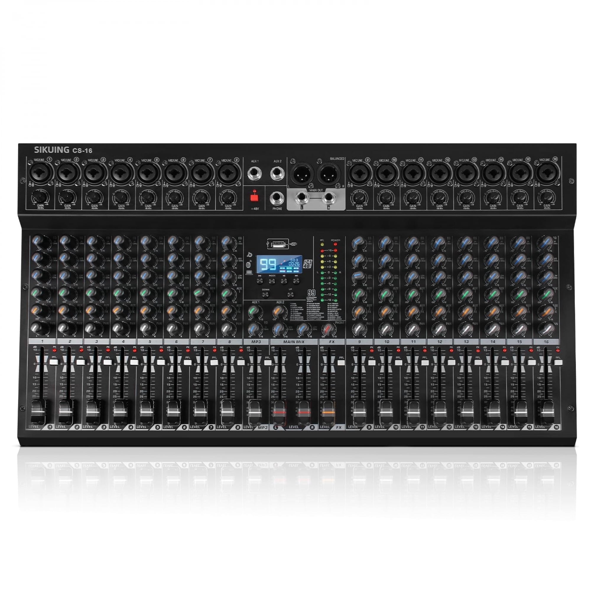 16 Channel Mixer, Professional Audio Mixing Console Studio DJ Board with Bluetooth, 99 DSP Effect,USB Recording, 48V Phantom Power, Reverb, MP3 Player for Live Sound Karaoke Performance