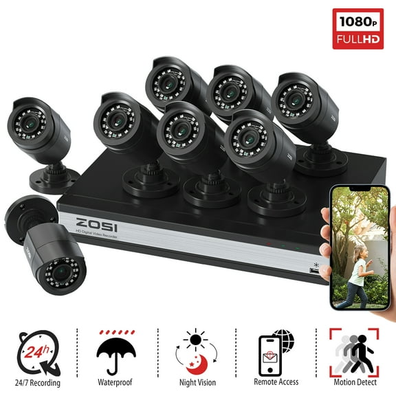 16 Channel Security Camera System, ZOSI Wired 1080p CCTV System, Motion Detection, NO HARD DRIVE, Night Vision