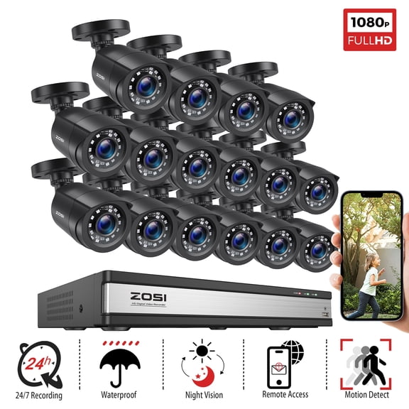 3K Lite 16CH Security Camera System with AI Human Vehicle Detection, ZOSI H.265+ Security Camera System for Home Business, 1080p Outdoor Security Camera, 80ft Night Vision, Remote Access, NO HDD