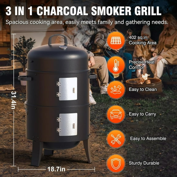 16" Charcoal Smoker, 3 in 1 Heavy Duty Vertical Barbecue Grill, Outdoor Fire Pit 402 Square Inches Cooking Area, Versatile Outdoor Smoker Grill, Black
