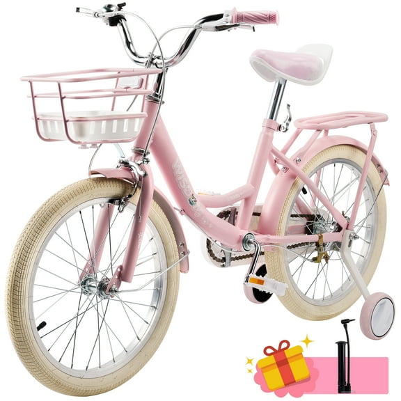 16/18 Inch Bike Kids Bicycle with Basket, Girls Bikes Ages 5-10, Kids Bicycles with Front and Rear Brakes, Kid Bike with Training Wheels, Kickstand, Rear Seat