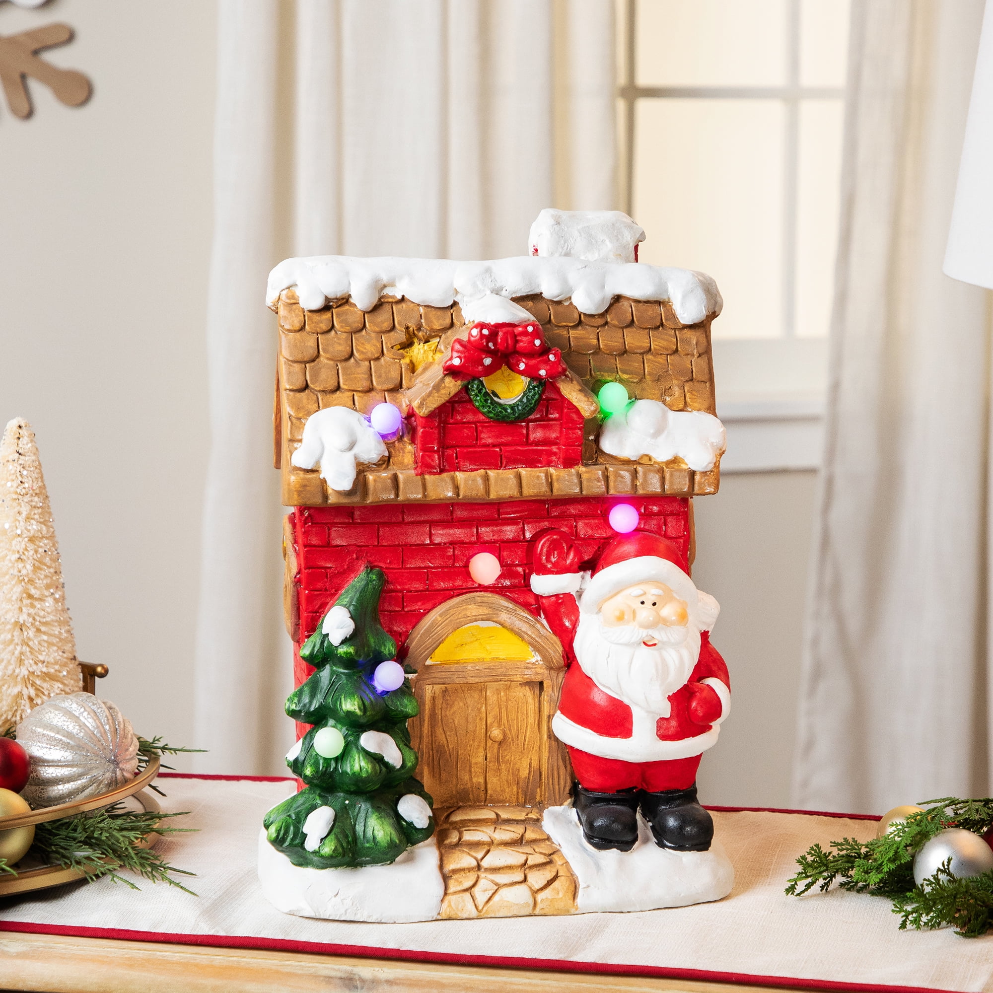 16" Christmas Morning LED Lighted Christmas House with Santa Musical Christmas Tabletop Figure