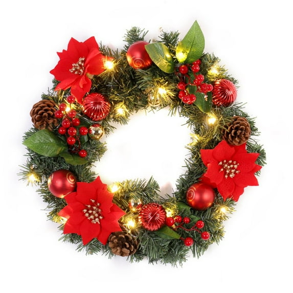 16" Christmas Wreath with Lights Battery Operated Prelit Christmas Front Door Wreaths with Mixed Ornaments for Outdoor Party Decorations Home Decor