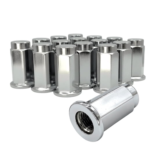 16 Chrome 3/8 Thread Flat Base Lug Nut Set - 14mm Hex - 1.26 Inch Tall - Fits Many Polaris ATV, UTV Wheels