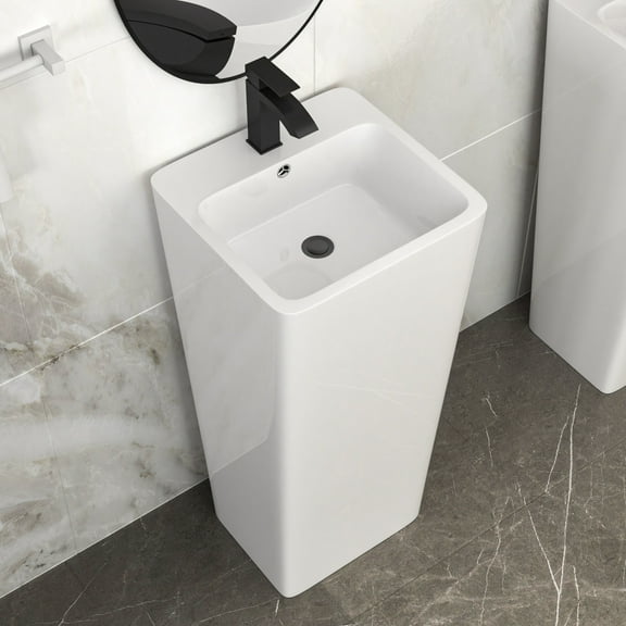 16" Classic White Ceramic Pedestal Sink Bathroom Sink Basin, Space-Saving Design for Powder Rooms, Kids' Bathrooms & Boutique Hotels"