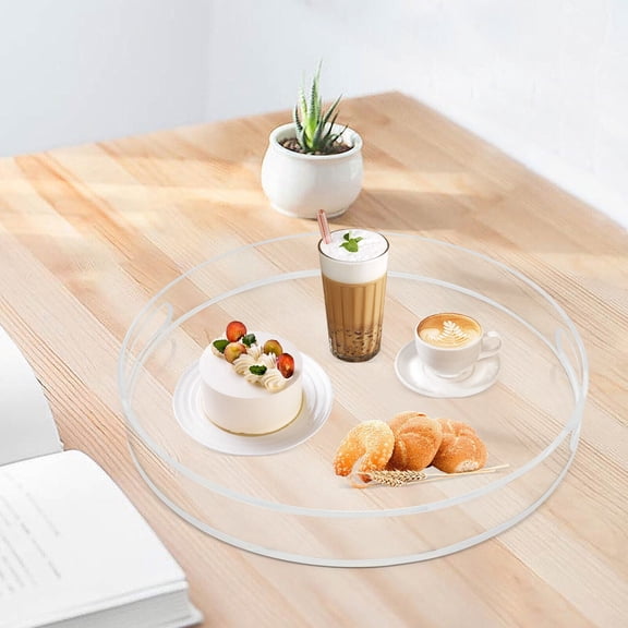 16" Clear Acrylic Round Makeup Tray with Built-in Handles, Kitchen Tabletop Coffee Serving Tray