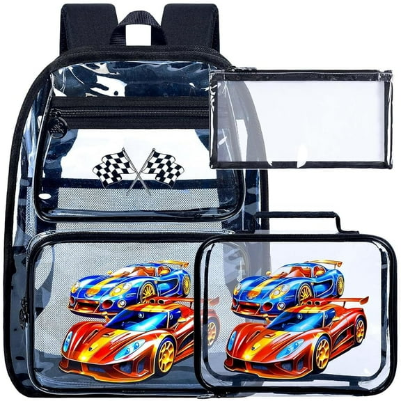 16" Clear Backpack for Boys, 3Pcs Kids Transparent Bookbag with Race Cars Lunch Box, Heavy Duty See Through PVC School Bag (Black)