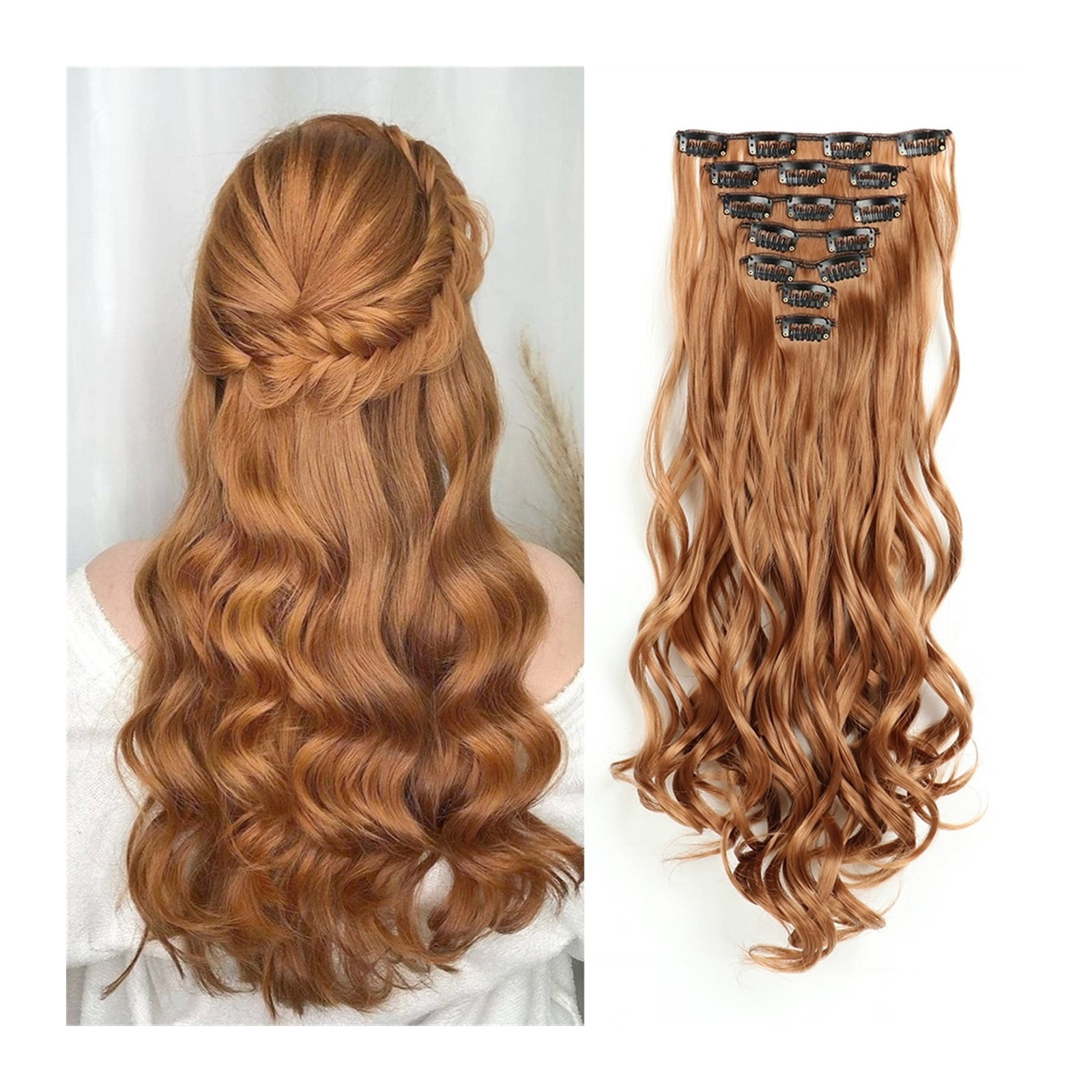 16 Clip Orange Golden Clip in Long Wavy Synthetic Hair Extension 20 Inch Copper Red 7PCS Thick Hairpieces Fiber Double Weft Hair for Women
