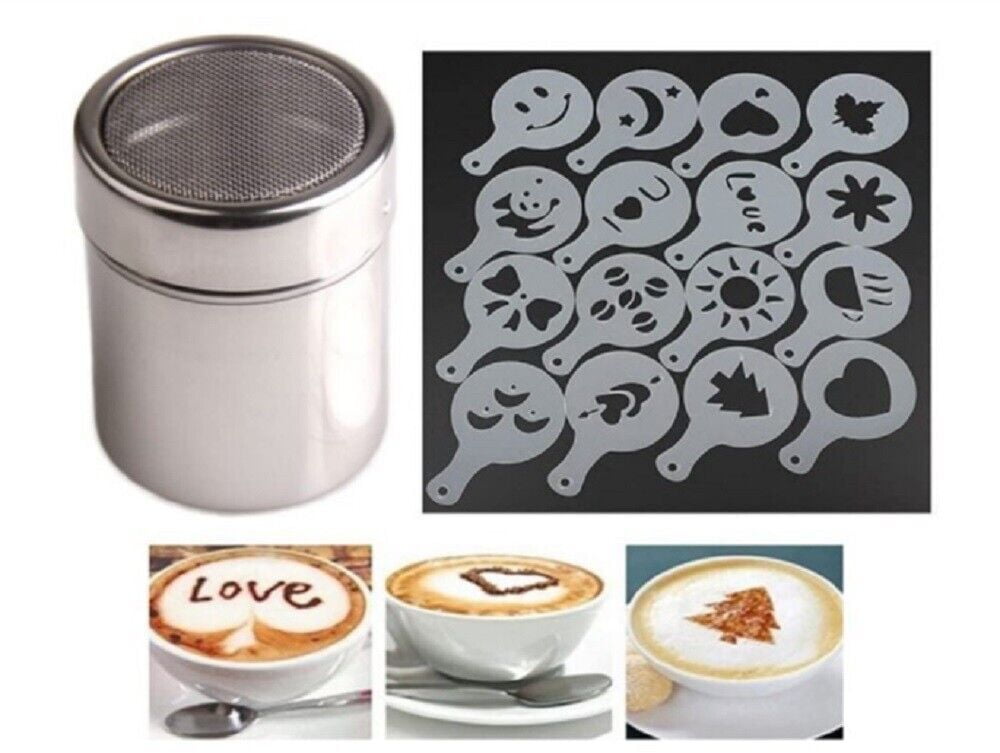 16 Coffee Stencil Cafe Barista Tools Latte Maker Cappuccino with Powder Shakers