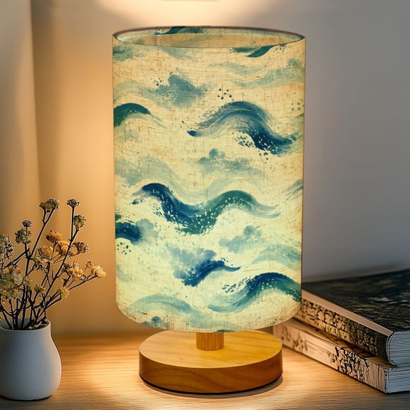 16-Color Dimmable Table Lamp, Abstract Modern Blue Seascape Ocean Theme Blue Ocean Bedside Nightstand Light with Wood Base Fabric Shade, Gifts for Kids Bedroom Nursery Living Room Office