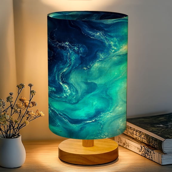 16-Color Dimmable Table Lamp, Abstract Ocean Waves Blue Turquoise Hues Bedside Lamp Nightstand Light for Bedroom Nursery, Wood Base Fabric Shade Reading Lamps Gifts for Kids