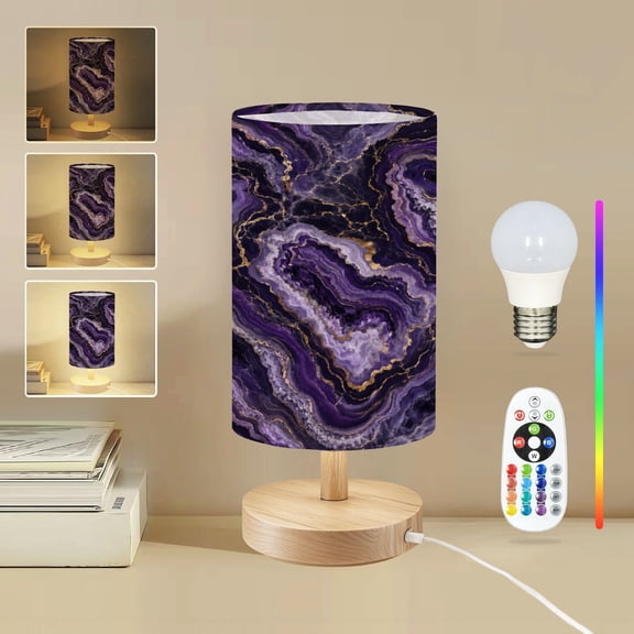 16-Color Dimmable Table Lamp, Abstract Purple Agate Stone Flowing Patterns Dark Cracks Bedside Nightstand Light with Wood Base Fabric Shade, Gifts for Girls Bedroom Nursery Living Room