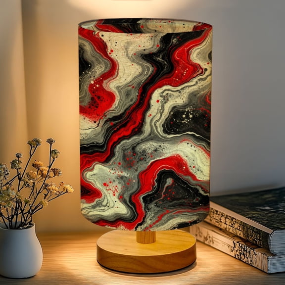 16-Color Dimmable Table Lamp, Abstract Red Black White Marble Swirl Fluid Art Dynamic Bedside Nightstand Light with Wood Base Fabric Shade, Gifts for Kids Bedroom Nursery Living Room Office