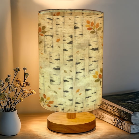 16-Color Dimmable Table Lamp, Aspen Tree Modern Abstract Forest Birch Trees Leaves Grass Bedside Lamp Nightstand Light for Bedroom Nursery, Wood Base Fabric Shade Reading Lamps Gifts for Kids