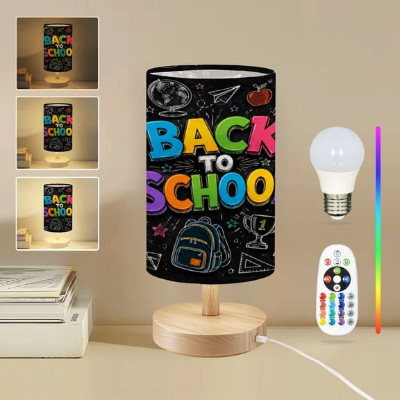 16-Color Dimmable Table Lamp, Back to School Colorful Typography Bedside Lamp Nightstand Light for Bedroom Nursery, Wood Base Fabric Shade Reading Lamps Gifts for Kids