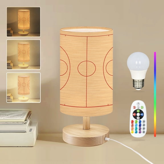 16-Color Dimmable Table Lamp, Basketball Court Top View Center Circle Bedside Lamp Nightstand Light for Bedroom Nursery, Wood Base Fabric Shade Reading Lamps Gifts for Kids