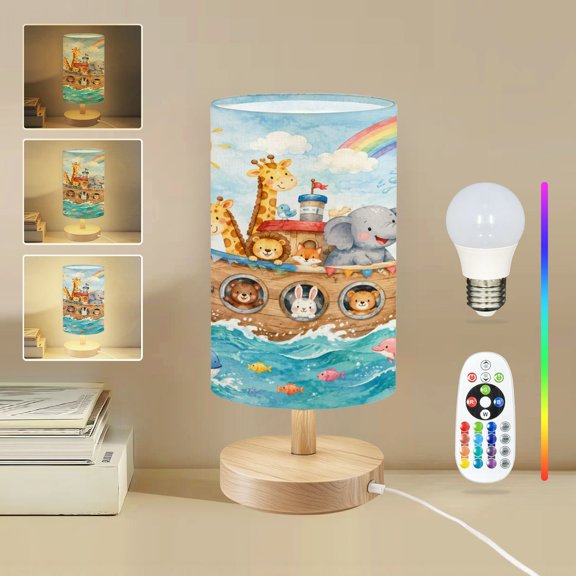 16-Color Dimmable Table Lamp for Bedroom, Animal Parade Boat Noahs Ark Sunshine Rainbow Playful Colorful Nightstand Lamp with Wood Base Fabric Shade, Gifts for Nursery Living Room Reading Room