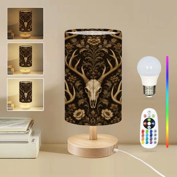 16-Color Dimmable Table Lamp for Bedroom, Antler Skull rustic decor boho Ornate Floral Vintage Elegant Western Nightstand Lamp with Wood Base Fabric Shade, Gifts for Nursery Living Room Reading Room