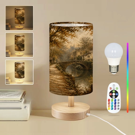 16-Color Dimmable Table Lamp for Bedroom, Autumn Village Landscape Stone Houses Bridge River Glowing Nightstand Lamp with Wood Base Fabric Shade, Gifts for Nursery Living Room Reading Room