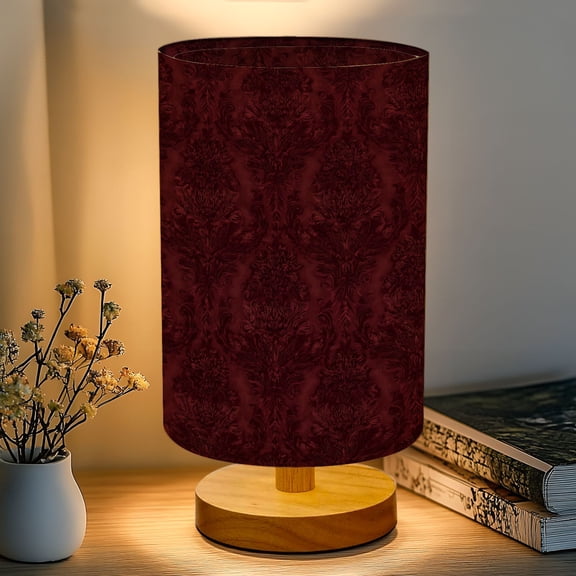 16-Color Dimmable Table Lamp for Bedroom, Baroque Elegant Burgundy Damask Vintage Floral Design Nightstand Lamp with Wood Base Fabric Shade, Gifts for Nursery Living Room Reading Room