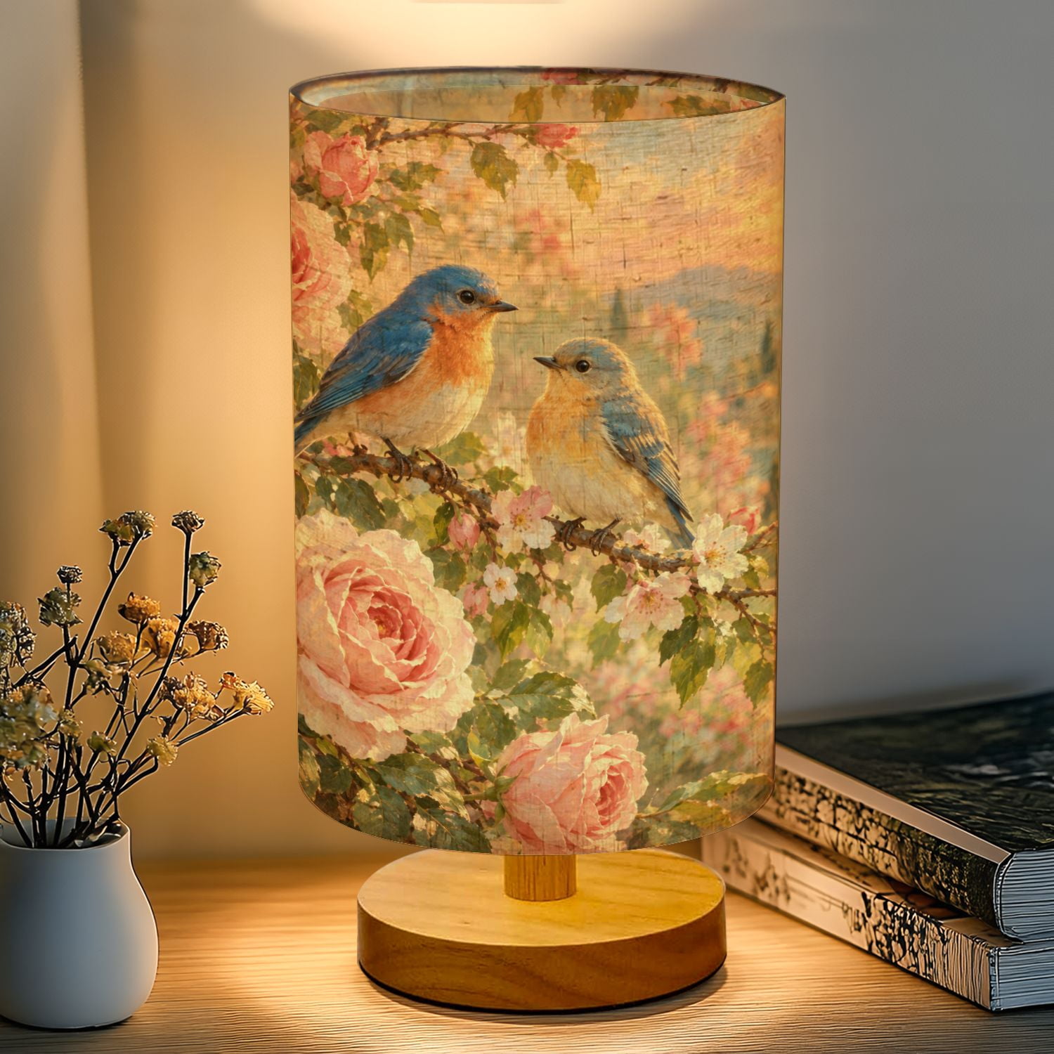 Shade Cloth For Roses 16-Color Dimmable Table Lamp for Bedroom, Birds Among Pink Roses ...