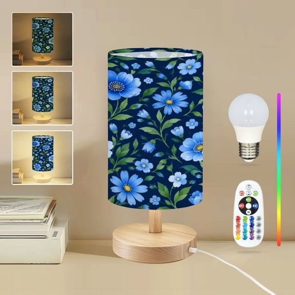 16-Color Dimmable Table Lamp for Bedroom, Blue Floral whimsical nature Dark Navy Leaves Small Flowers colorful Nightstand Lamp with Wood Base Fabric Shade, Gifts for Nursery Living Room Reading Room