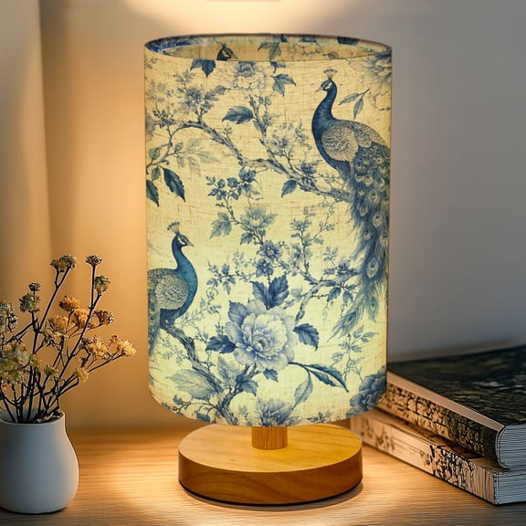 16-Color Dimmable Table Lamp for Bedroom, Blue Peacock Floral Elegant Chinoiserie Botanical Design Nightstand Lamp with Wood Base Fabric Shade, Gifts for Nursery Living Room Reading Room