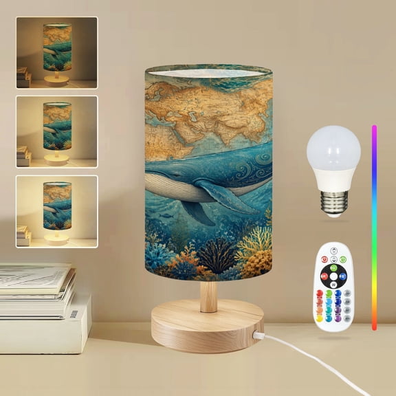 16-Color Dimmable Table Lamp for Bedroom, Blue Whale Swimming world map aquatic plants Majestic Nightstand Lamp with Wood Base Fabric Shade, Gifts for Nursery Living Room Reading Room