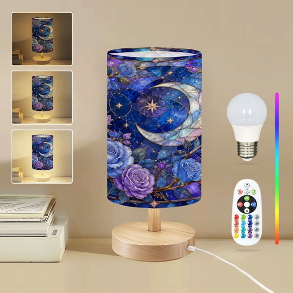 16-Color Dimmable Table Lamp for Bedroom, Celestial Moon Blue Roses Stained Glass Artwork abstract Nightstand Lamp with Wood Base Fabric Shade, Gifts for Nursery Living Room Reading Room