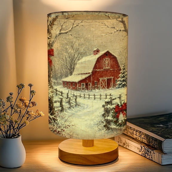 16-Color Dimmable Table Lamp for Bedroom, Christmas Vintage Winter Snowy Rustic Traditional Classic Painting Nightstand Lamp with Wood Base Fabric Shade, Gifts for Nursery Living Room Reading Room