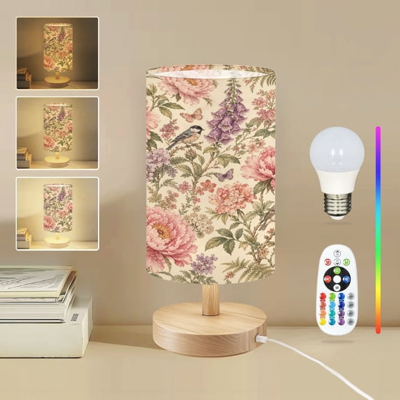 16-Color Dimmable Table Lamp for Bedroom, Colorful Garden Chinoiserie Peonies Butterflies Bird Traditional Nightstand Lamp with Wood Base Fabric Shade, Gifts for Nursery Living Room Reading Room