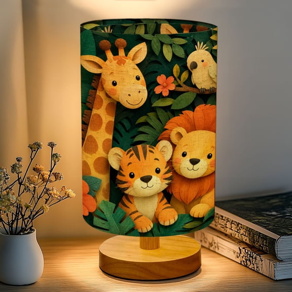 16-Color Dimmable Table Lamp for Bedroom, Colorful Jungle Animals Giraffe Tiger Lion Parrot Giraffe Tiger Nightstand Lamp with Wood Base Fabric Shade, Gifts for Nursery Living Room Reading Room