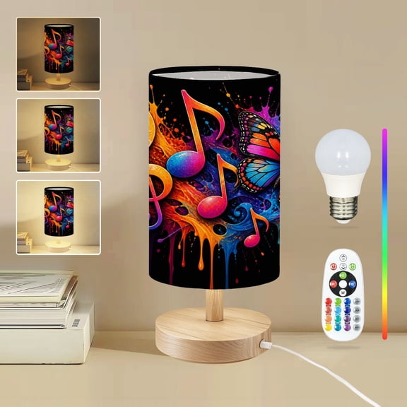 16-Color Dimmable Table Lamp for Bedroom, Colorful Musical Notes Vibrant Butterfly Abstract Art Nightstand Lamp with Wood Base Fabric Shade, Gifts for Nursery Living Room Reading Room