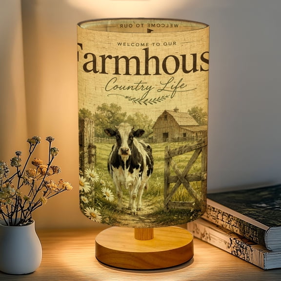 16-Color Dimmable Table Lamp for Bedroom, Cow Farmhouse Farm Fence Rustic Country Aesthetic Gate Open Black Nightstand Lamp with Wood Base Fabric Shade, Gifts for Nursery Living Room Reading Room