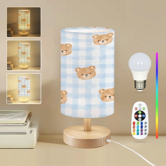 16-Color Dimmable Table Lamp for Bedroom, Cute Brown Bear Faces Sky Blue Checkered cute animals Nightstand Lamp with Wood Base Fabric Shade, Gifts for Nursery Living Room Reading Room